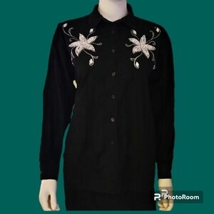 VTG GITANO 1980's Black Floral Jeweled Bedazzled Cowboy Core Button Down Shirt